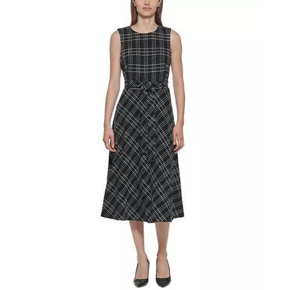 Calvin Klein Dresses & Skirts - Calvin Klein Belted Plaid Midi Dress Size 14 Black Academia Career Fit & Flare